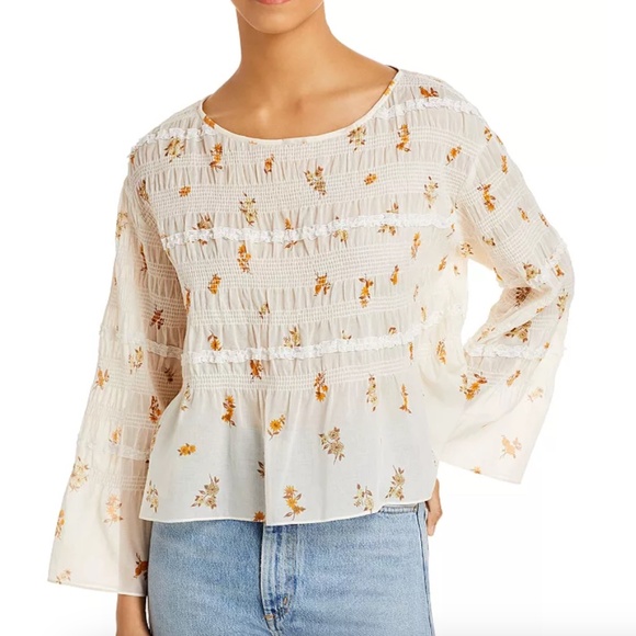Rebecca Taylor Ines Smocked Top XS Voile Cotton Floral Boho Cottage - Picture 1 of 6